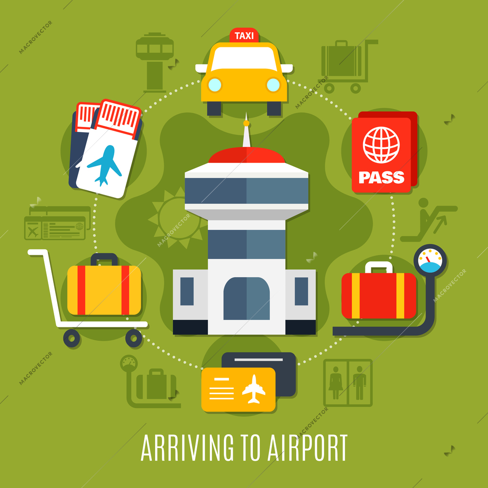 Airport arriving passenger service guide with transportation luggage storage flight registration symbols flat poster background vector illustration