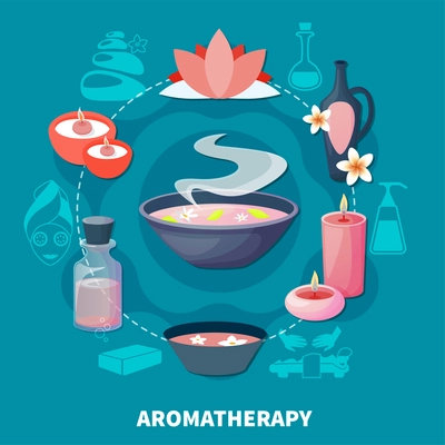 Essential oils aromatherapy for relaxation rejuvenation and stress relief spa wellness resort ad flat poster vector illustration