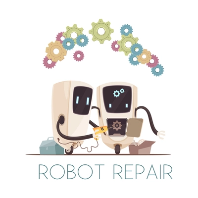 Next generation 2 autonomous collective robotic assistants performing reparation task cartoon composition with teamwork symbols vector illustration