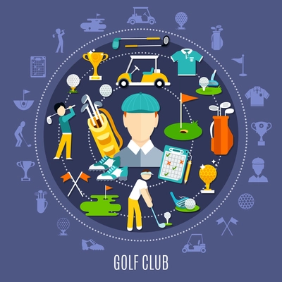 Golf club round composition including icons with game equipment and players on dark blue background vector illustration