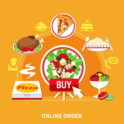 Pizza online order round composition with flat isolated images of various restaurant dishes and silhouette pictograms vector illustration