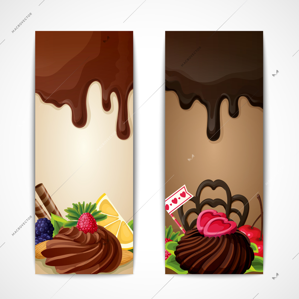 Sweets dessert food milk and dark chocolate fruits and nuts banners vertical vector illustration