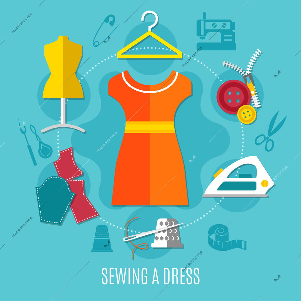 Sewing a dress concept with iron zip and cloth flat vector illustration