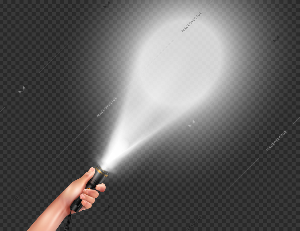 Realistic flashlight in hand and beam of light directed on the wall transparent vector illustration