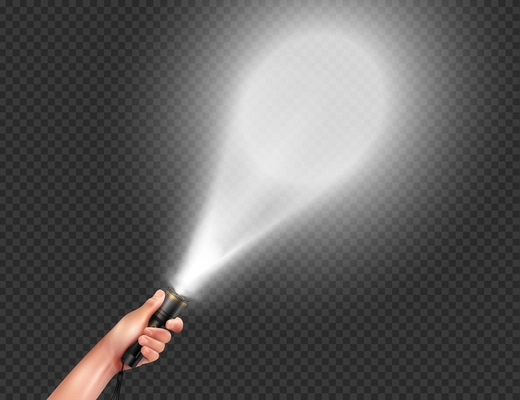 Realistic flashlight in hand and beam of light directed on the wall transparent vector illustration