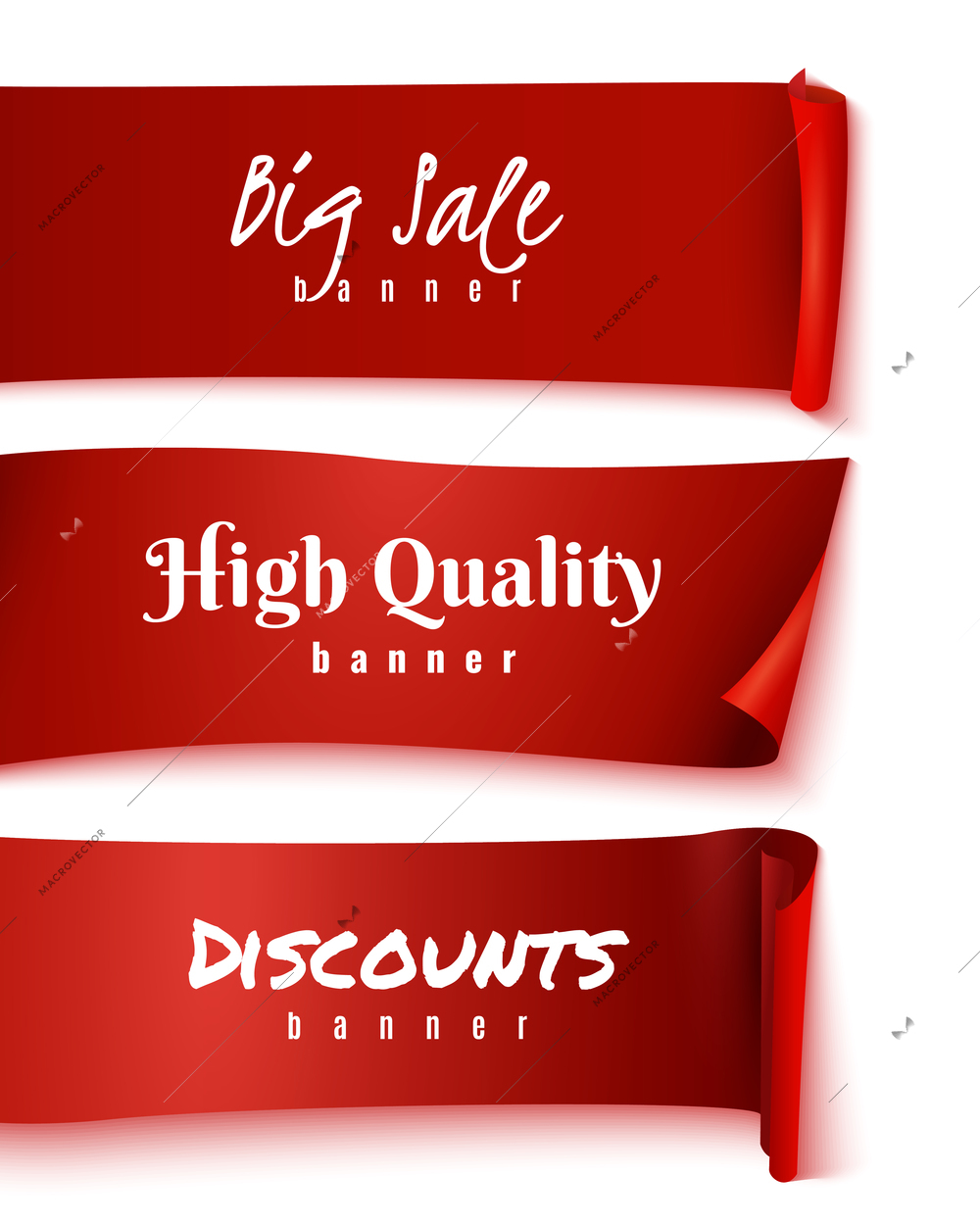 Three realistic red ribbon icon set with big sale high quality and discount descriptions vector illustration