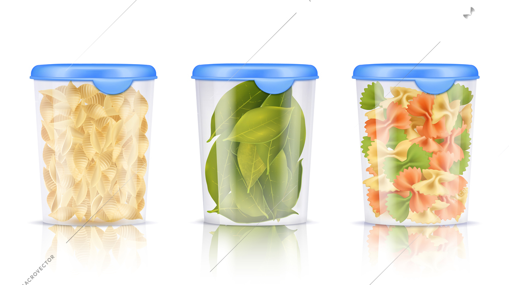 Three isolated filled plastic food containers icon set with pasta and dried bay leaves vector illustration