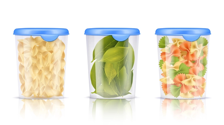 Three isolated filled plastic food containers icon set with pasta and dried bay leaves vector illustration