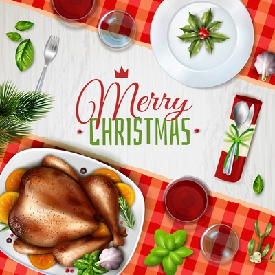 Colored realistic turkey christmas illustration with festive table and merry Christmas headline vector illustration