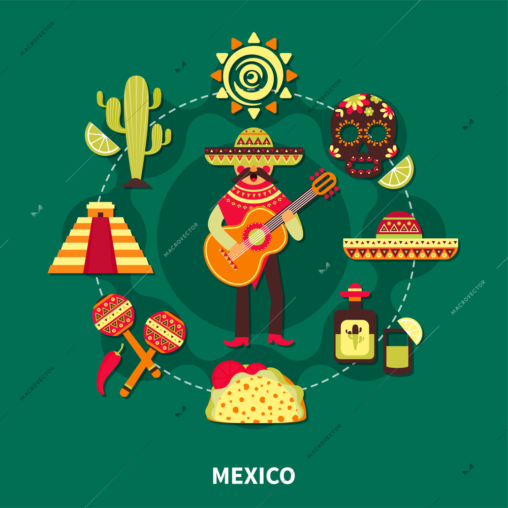 Travel to mexico and mexican traditional costumes musical instruments drink architecture flat vector illustration