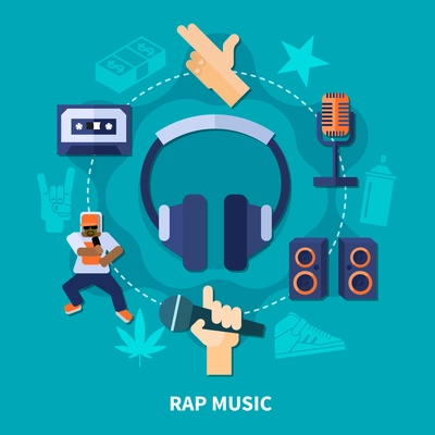 Rap music round composition with gestures of rapper, headphones, microphones, loudspeakers on turquoise background flat vector illustration