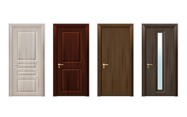 Four isolated and realistic wooden doors design icon set in different styles and colors vector illustration