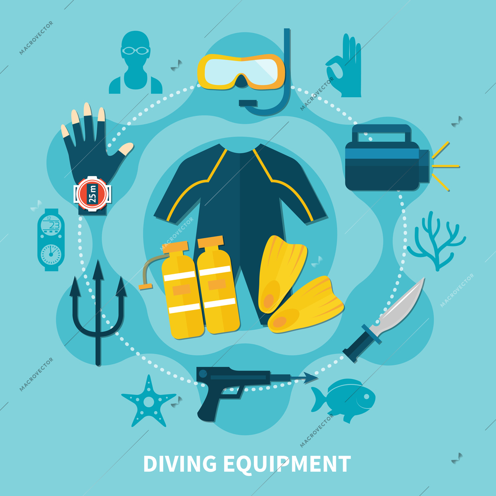 Diving equipment round composition with wetsuit, scuba gear, fins, watch and gun  on blue background vector illustration