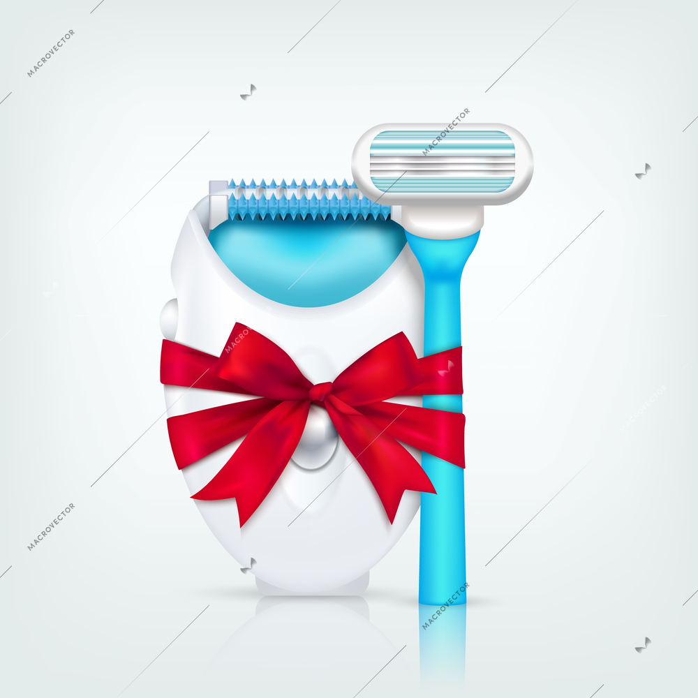 Colored depilation realistic composition epilator and shaver with red ribbon as a gift vector illustration