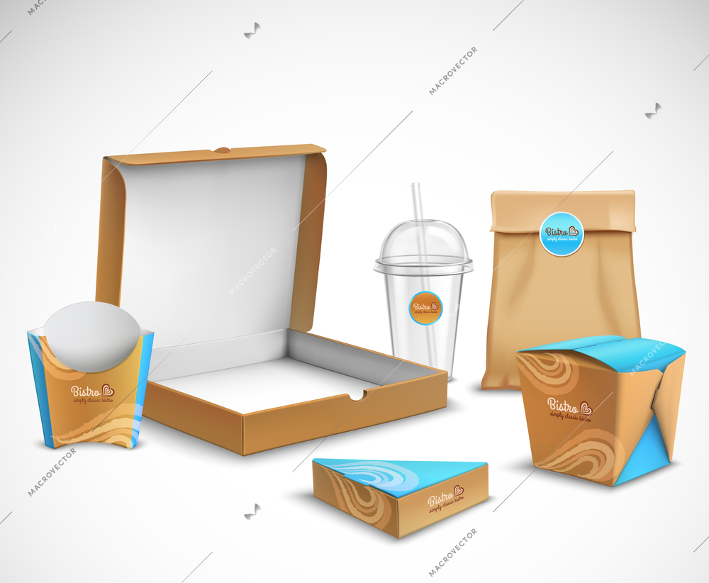 Fast food packaging corporate identity realistic templates set modern beige and bright blue turquoise colors vector illustration