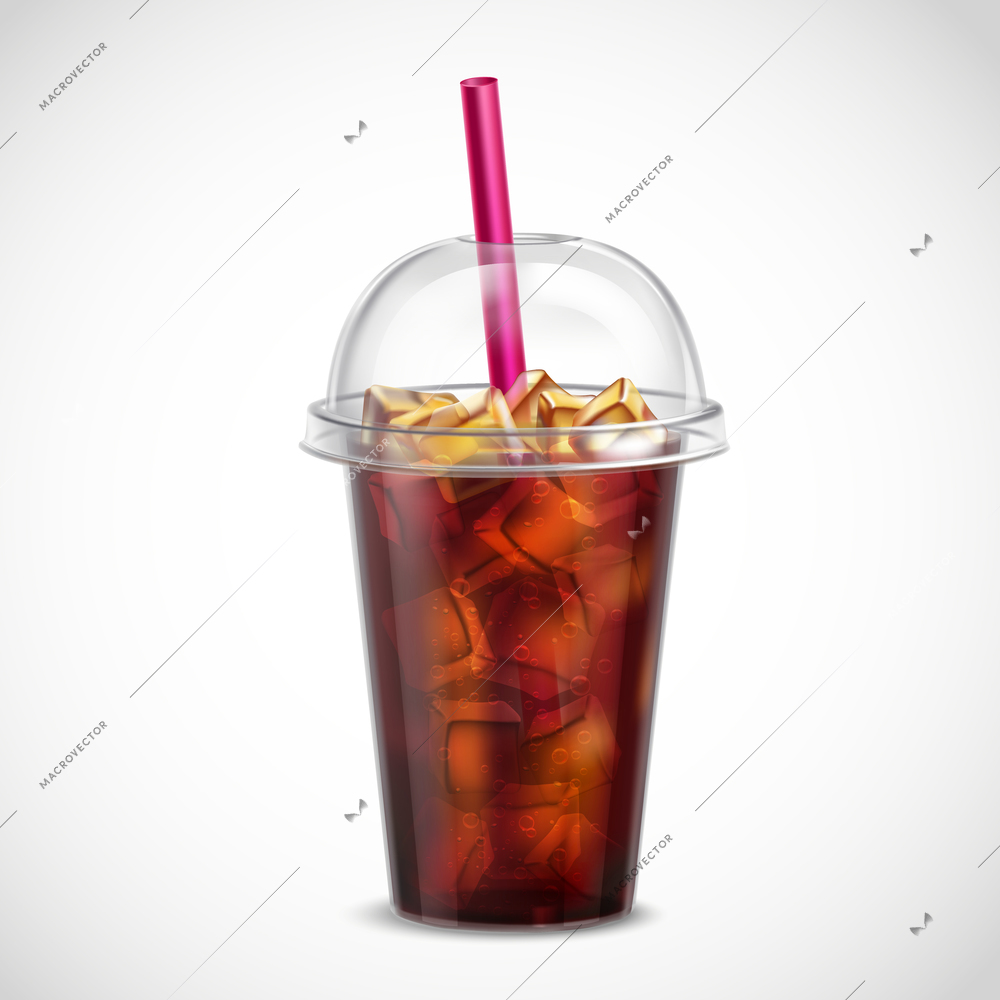 Cola with ice cubes and straw in takeaway clear plastic cup realistic image on white background vector illustration