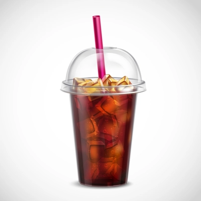 Cola with ice cubes and straw in takeaway clear plastic cup realistic image on white background vector illustration