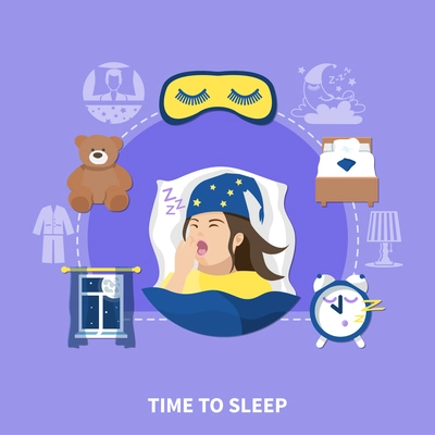 Time to sleep flat circle composition background poster with pajama nightwear alarm clock and bed vector illustration