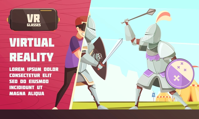 Virtual reality glasses advertisement poster with medieval ridder in armor duel with player scene cartoon vector illustration