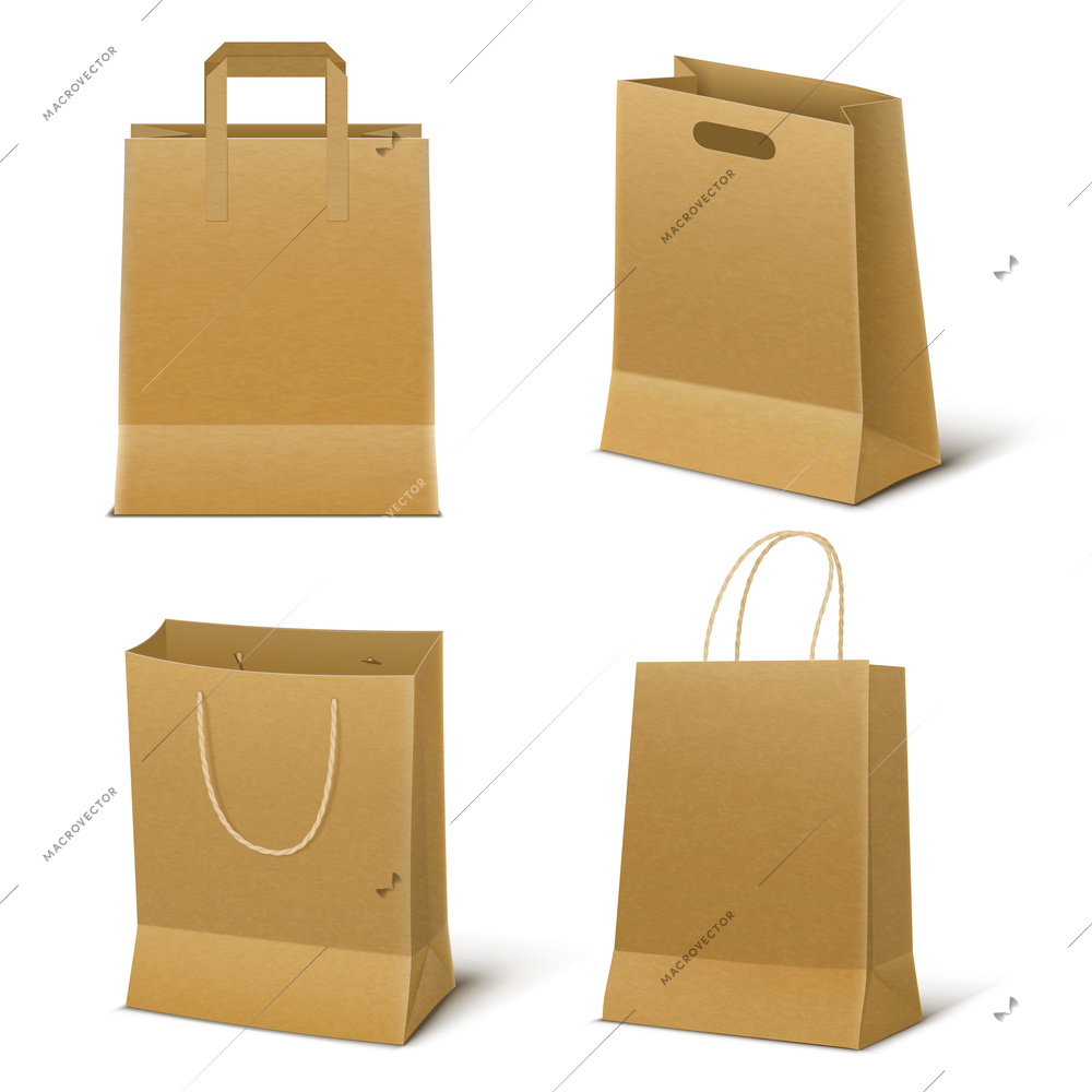 Set of four empty shopping bags made from brown paper in realistic style isolated vector illustration