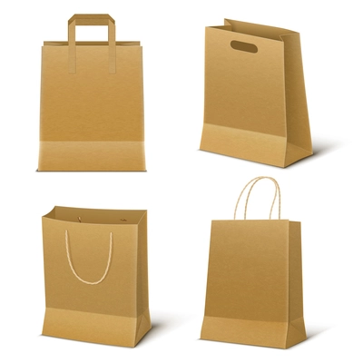 Set of four empty shopping bags made from brown paper in realistic style isolated vector illustration