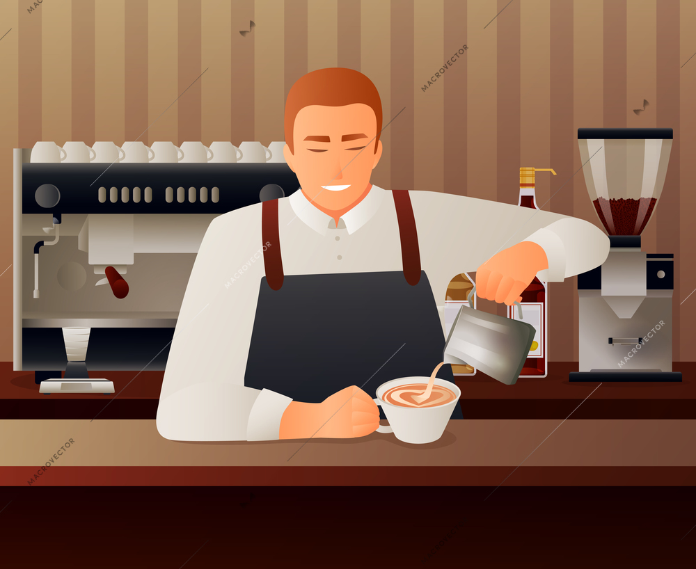 Barista and cafe gradient concept with coffee  equipment flat vector illustration