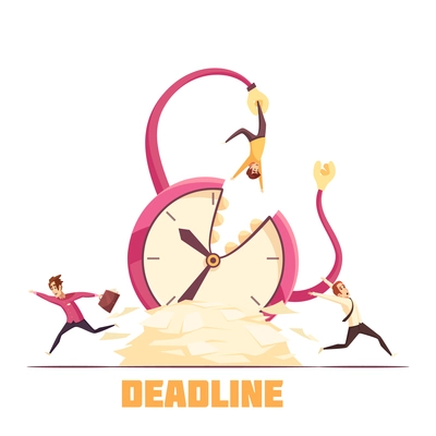 Deadline disaster warning cartoon composition poster with hanging from bursting clock and running away personnel vector illustration