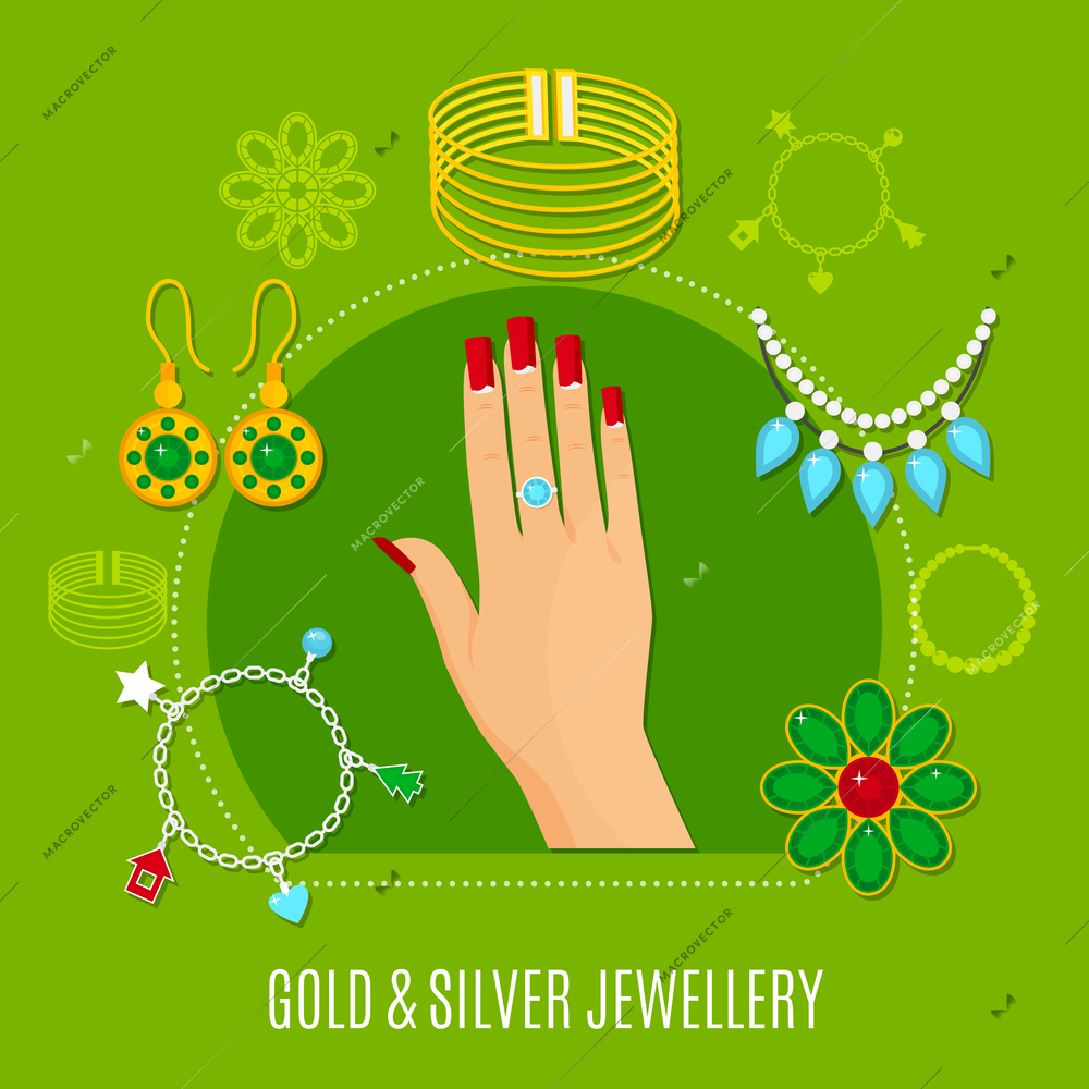 Gold and silver jewelry composition including female hand with ring, bangles, brooches on green background vector illustration