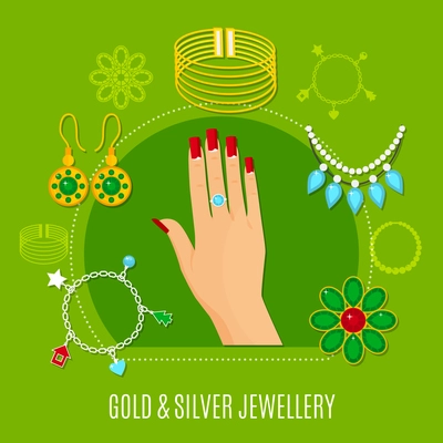 Gold and silver jewelry composition including female hand with ring, bangles, brooches on green background vector illustration