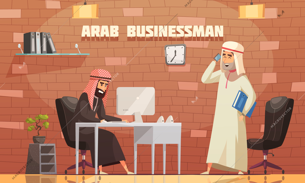 Arab businessman in traditional long white robe talking on smartphone in his office cartoon poster vector illustration