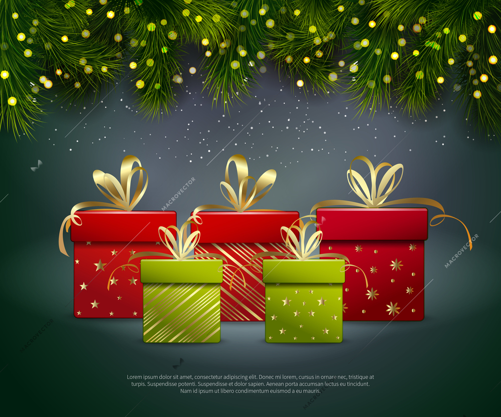 Christmas gifts poster with red and green boxes spruce twigs and lights realistic vector Illustration