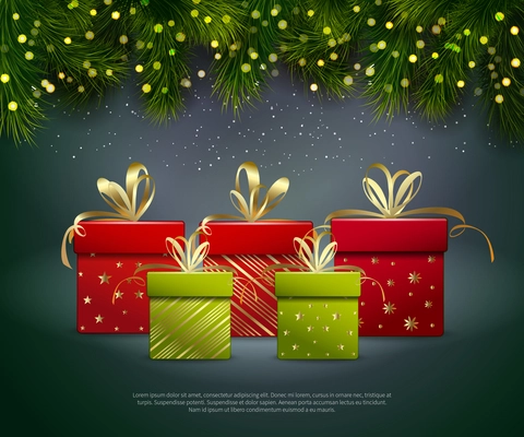 Christmas gifts poster with red and green boxes spruce twigs and lights realistic vector Illustration