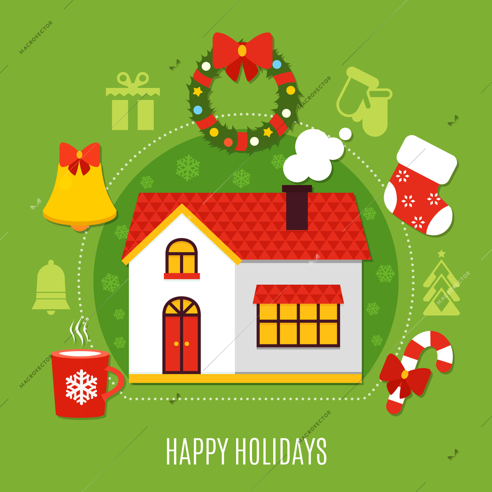 Happy christmas holidays at home flat composition on green background with xmas decorations vector illustration