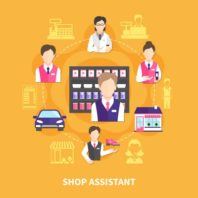 Salesman round composition with silhouette images and faceless icons of store attendants and cashiers in uniform vector illustration