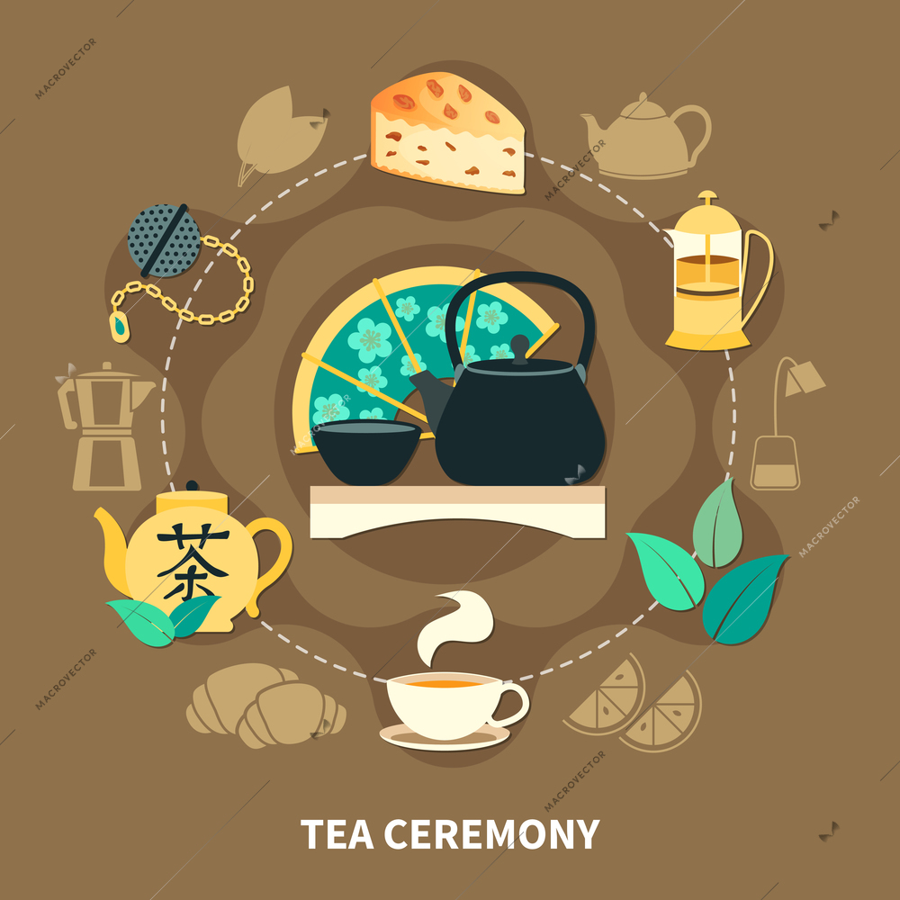 Tea ceremony round composition with cup, teapots, strainer, green leaves, pastry on brown background flat vector illustration