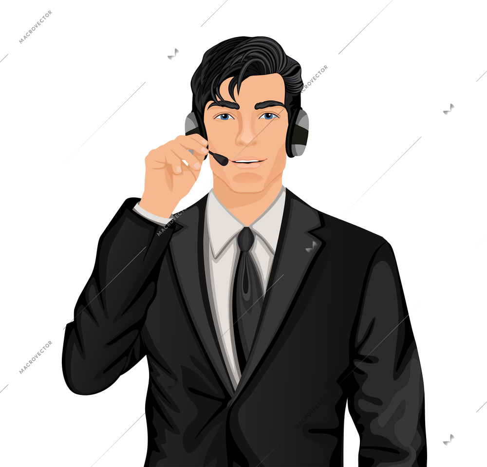 Young handsome customer service representative man in formal suit with headphones set vector illustration