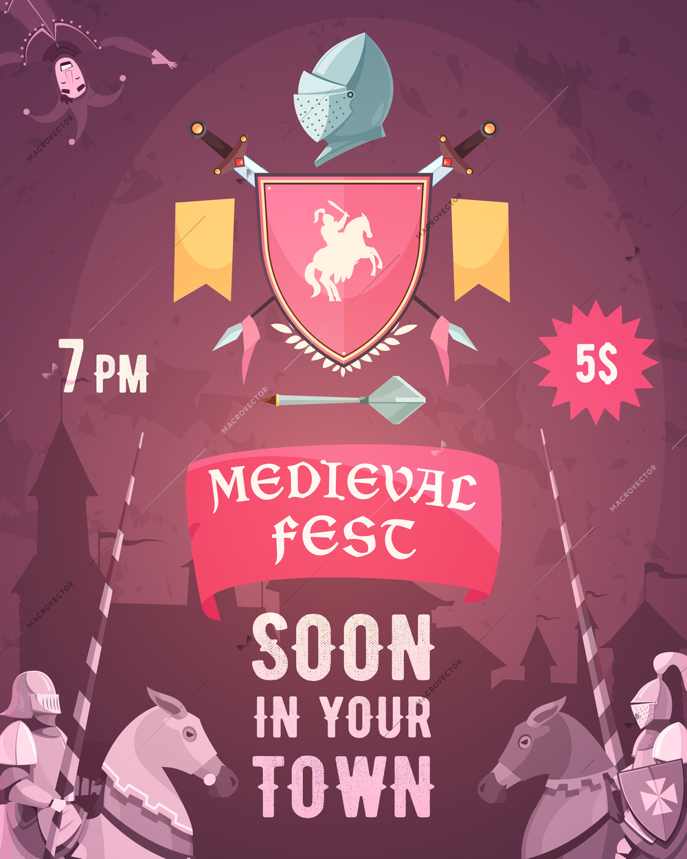 Medieval fest announcement cartoon poster with date entry price riders coat of arms heraldic symbols vector illustration