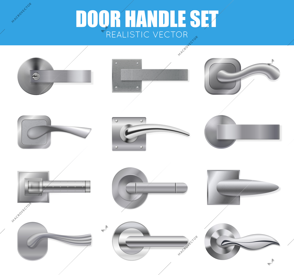 Realistic door handle silver set with isolated images of modern design steel levers of different shape vector illustration