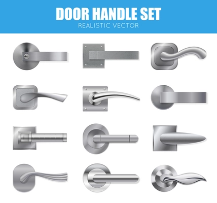 Realistic door handle silver set with isolated images of modern design steel levers of different shape vector illustration