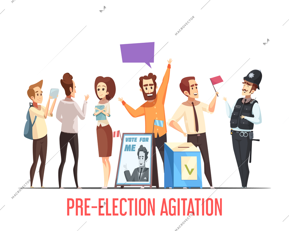 Pre-election canvassing campaigning with candidates talking to people political cartoon composition with ballot box vector illustration