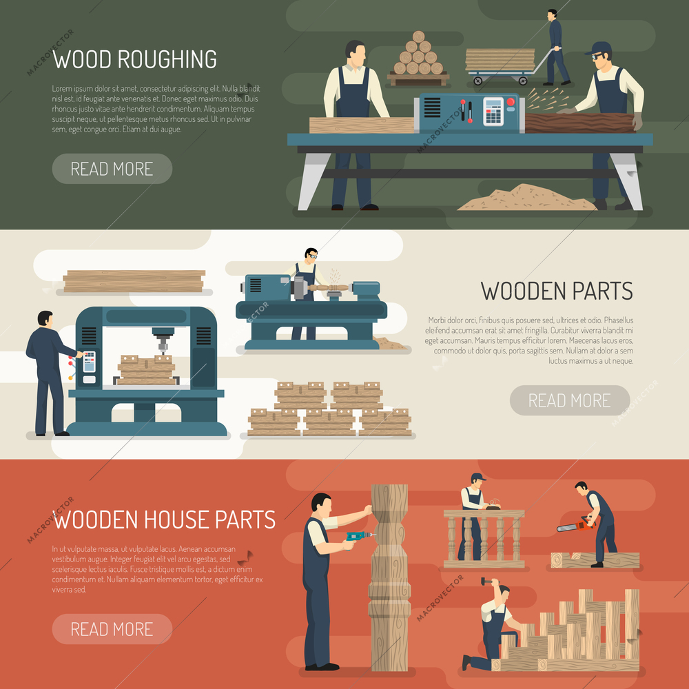 Woodworking horizontal banners set of woodworker carpenter characters and wooden parts with text and read more button vector illustration