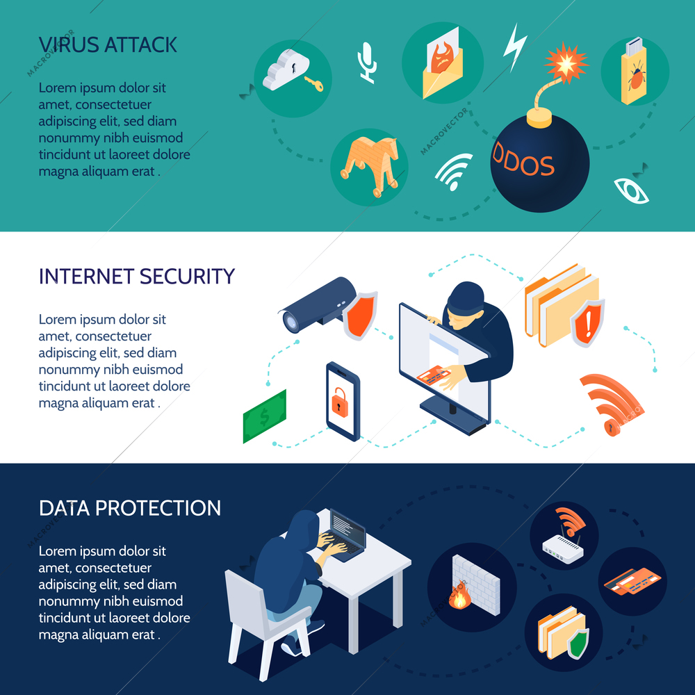 Hacker activity set of horizontal isometric banners with virus attack, internet security, data protection isolated vector illustration