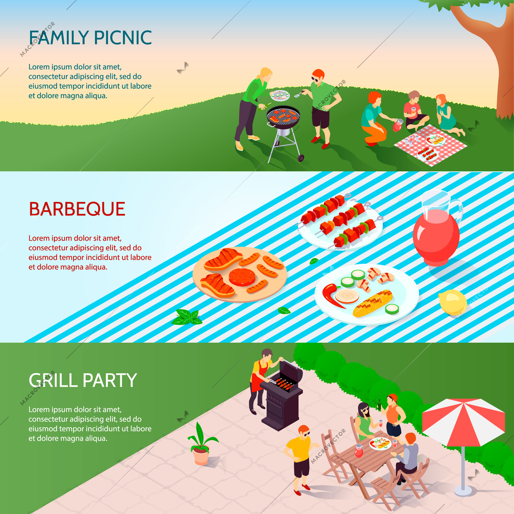 Set of horizontal isometric banners with grill party, family picnic, barbecue at table isolated vector illustration
