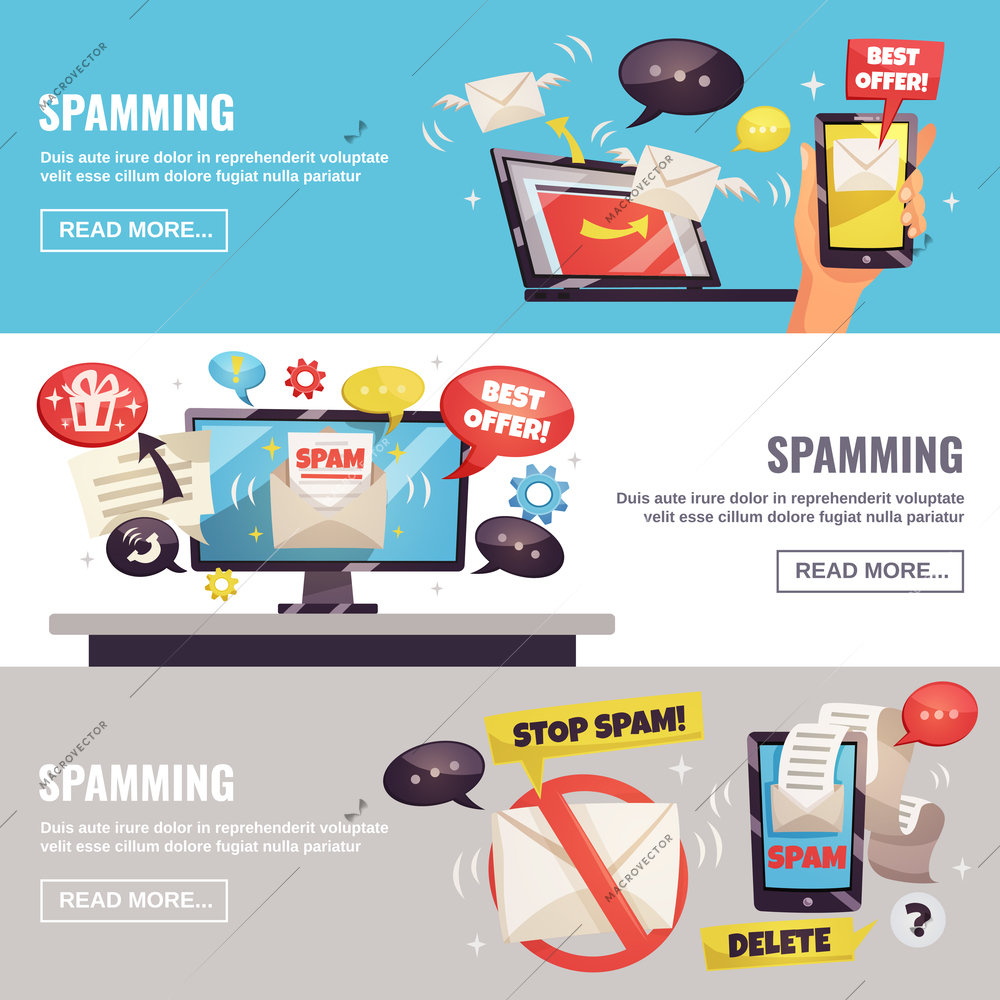 Spamming horizontal banners with best offer campaign stop spam sign computer infected by malware flat vector illustration