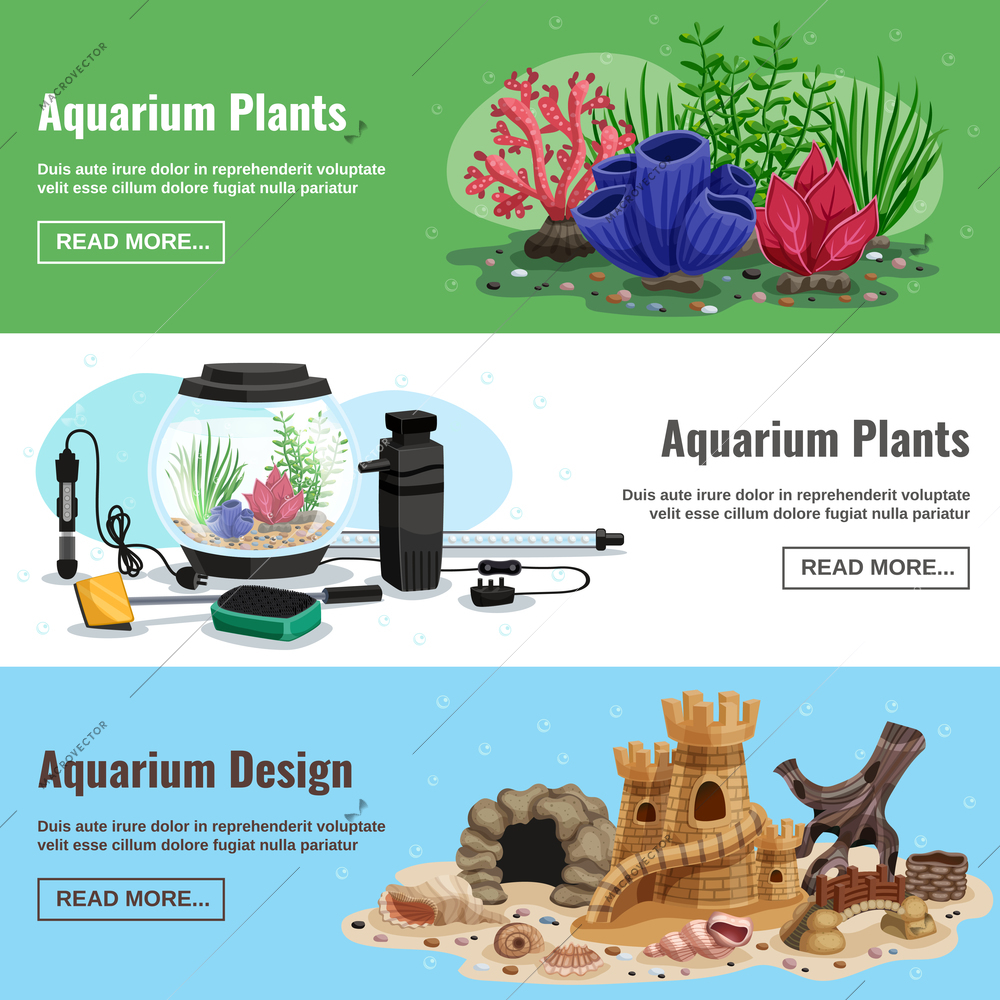 Set of horizontal banners with aquarium plants and design elements including artificial caves, seashells isolated vector illustration