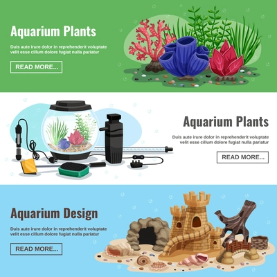 Set of horizontal banners with aquarium plants and design elements including artificial caves, seashells isolated vector illustration