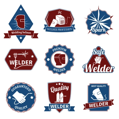 Welder industry worker instrument premium quality labels set isolated vector illustration.