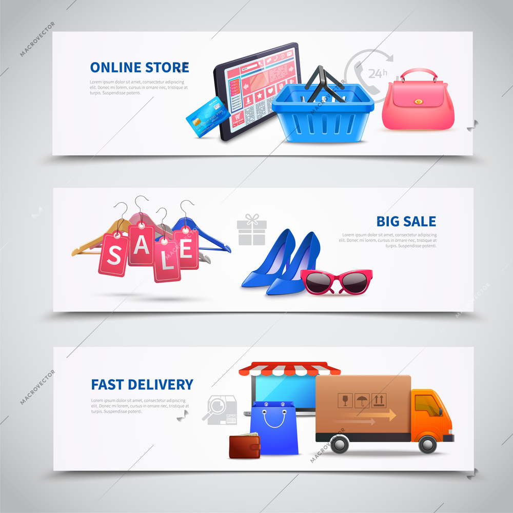 Set of three horizontal shopping banners with flat images of plastic basket with tablet and application vector illustration