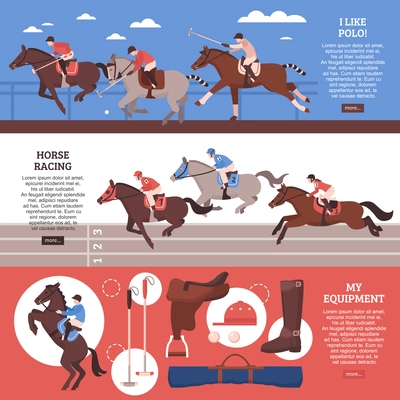 Equestrian sport horizontal banners with polo, horse racing, equipment including saddle, blanket, game accessories isolated vector illustration