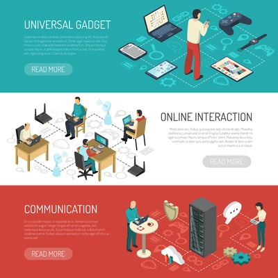 Internet of things horizontal banners collection with isometric images of network hardware equipment and human characters vector illustration